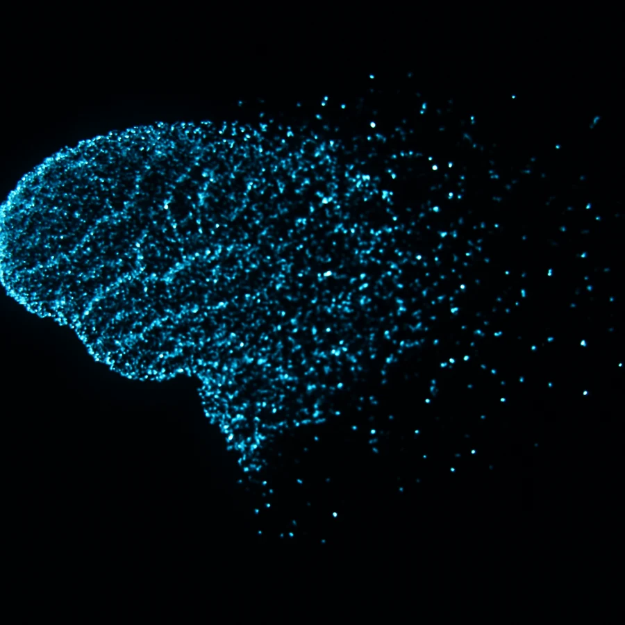 A brain silhouette built entirely from glowing cyan points on pure black. The left hemisphere is dense and bright. Toward the right the points thin out and drift away, fading one by one.